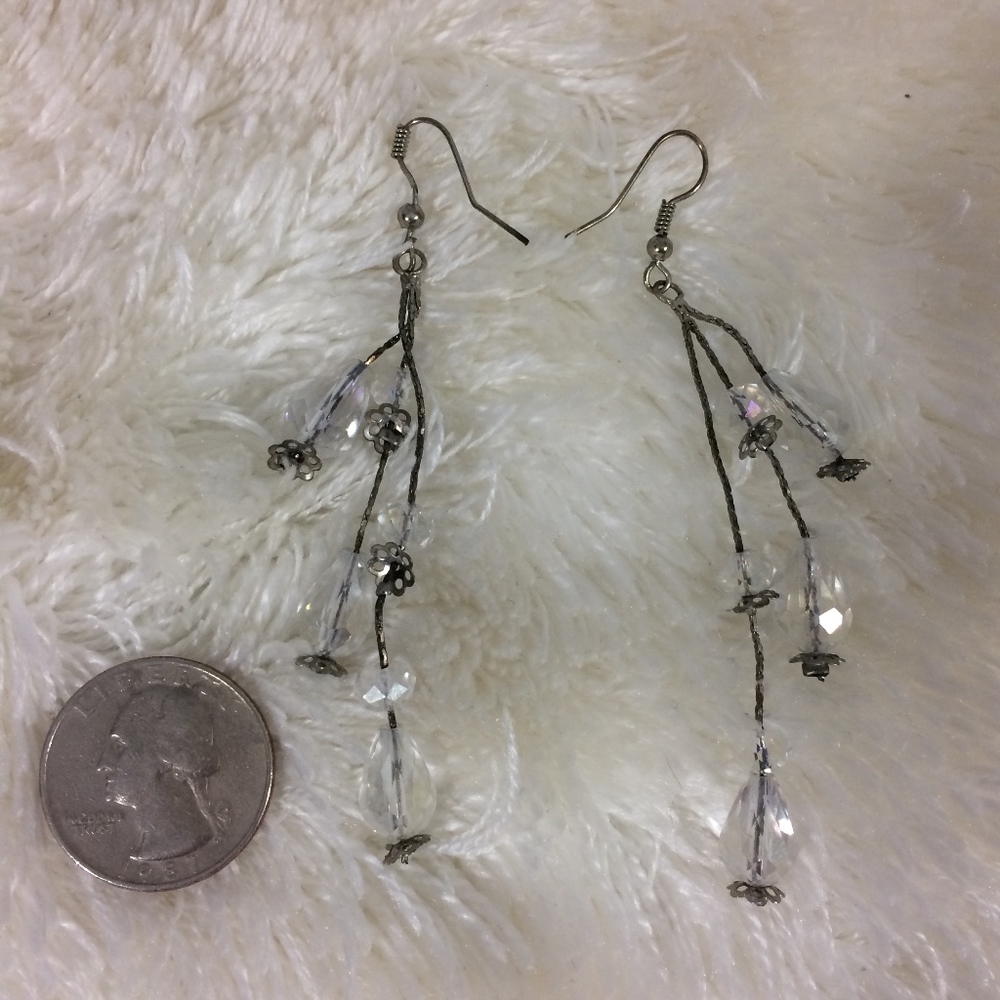 Clear Crystal & Silver Drop Dangling Hook Earrings - Picture 2 of 7